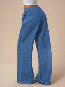 Forever 21 Women's Pockets Wide Leg Loose Casual Versatile Denim Jeans - Baby Blue - View 2