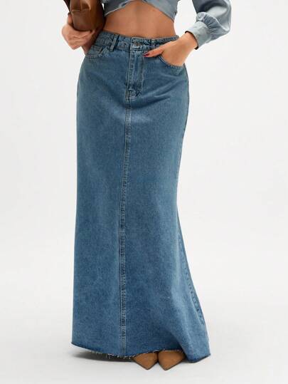 CLARA VERO Women's Frayed Hem Extra Long Denim Fish Tail Skirt With Pockets