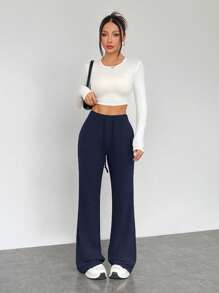 SHEIN EZwear 大码休闲家居服简约柔软弹力低腰海军蓝裤阔腿裤喇叭裤高腰裤女裤 - 藏蓝色 - 查看 5