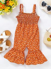 Baby Girls' Brown Vacation Casual Comfortable Floral Print Cami Wide Leg Jumpsuit - Brown - View 3