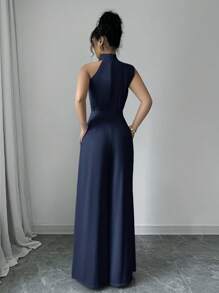 Firerie Jednokolorowy damski kombinezon z golfem, bez rękawów i szerokimi nogawkami - Granatowy - Zobacz 2