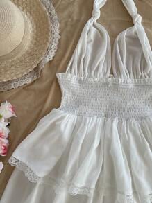 Soleia Summer Sleeveless Multi-Layer Backless Tie Wrap Waist Dress,Sun Dress - White - View 8