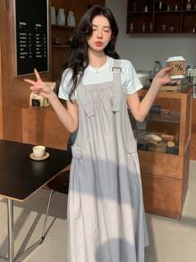 DAZY 女式无袖背带裙，带大口袋，夏季太阳裙，休闲女装 - 米色 - 查看 7