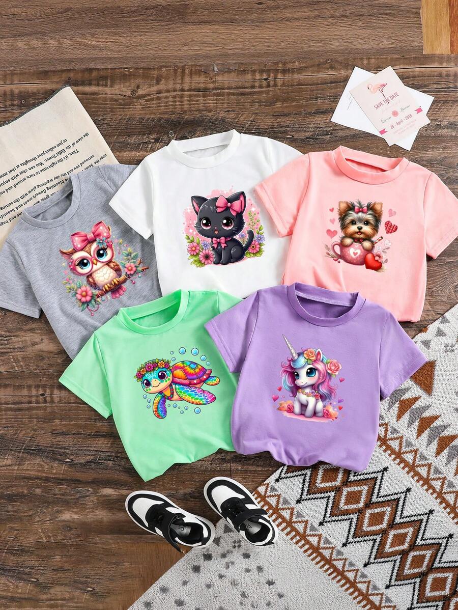 SHEIN Young Girl 5-Pack Animal Print Short Sleeve Tops - White - View 1