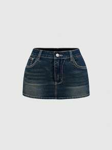 ROMWE Grunge Punk Spring/Summer Casual Y2K Vintage Bling Pocket Cross Wing Embroidery Plus Size Bodycon Mini Denim Skirt - Blue - View 2