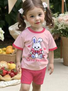SHEIN 可爱兔子卡通印花女婴休闲简约圆领短袖 T 恤和紧身裤 2 件套，适合春夏季 - 彩色 - 查看 1