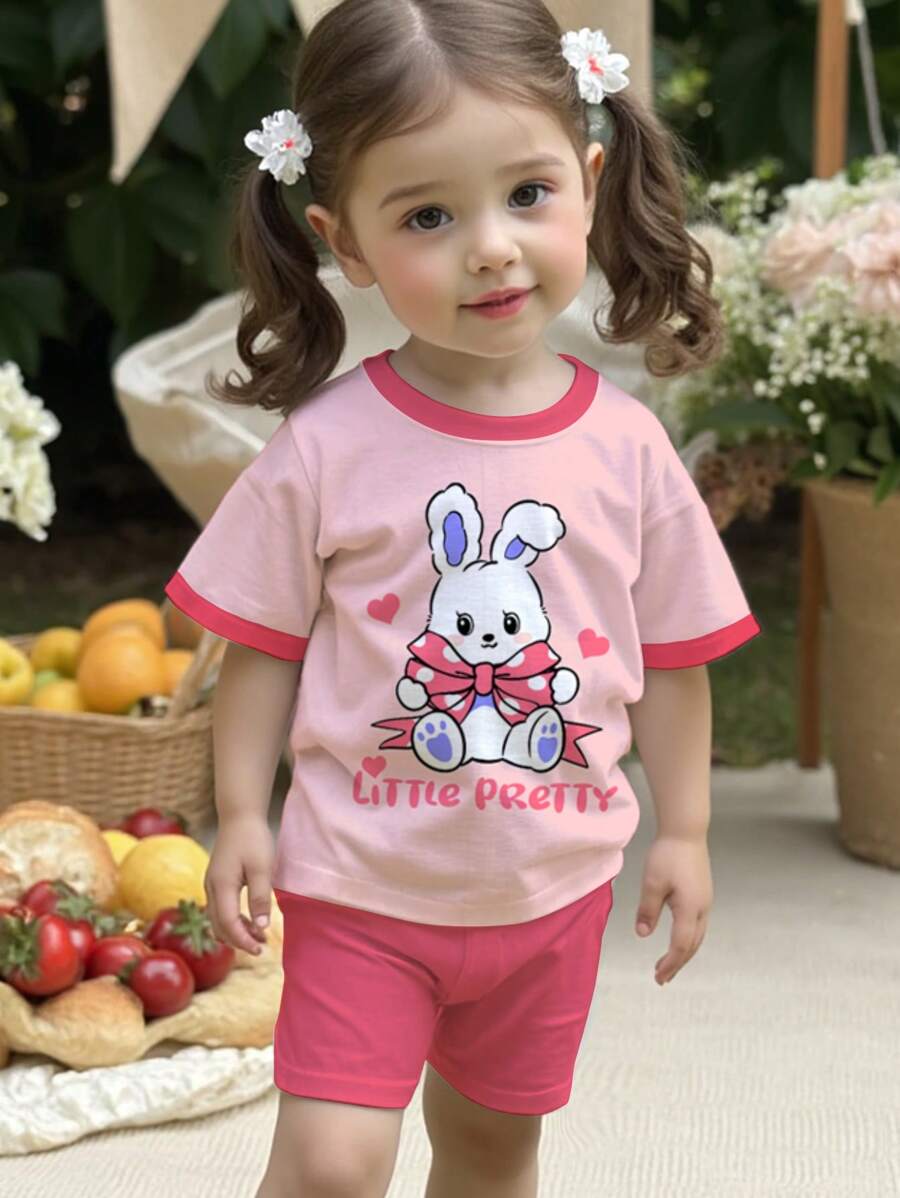 SHEIN 可爱兔子卡通印花女婴休闲简约圆领短袖 T 恤和紧身裤 2 件套,适合春夏季 - 彩色 - 查看 1