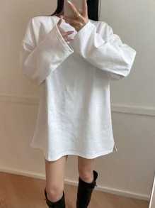 DAZY 纯色开叉下摆落肩T恤长袖女式上衣 - 白色 - 查看 5