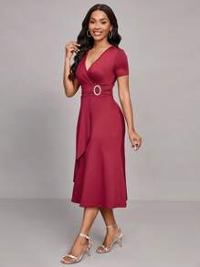 Lyxana Women's Solid Color Overlapping V-Neck Short Sleeve Ruched Elegant Dress