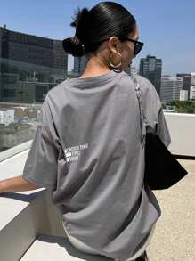 DAZY Camiseta ancha con gráfico de eslogan "CHERISH TIME EFFECT DREAM" - Gris - Ver 6