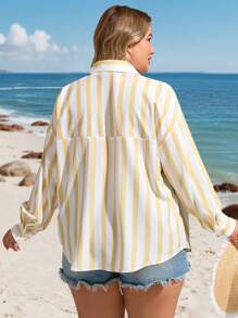 SHEIN VCAY Plus Size Resort Island Casual Yellow & White Striped Print Pocket Front Loose Shirt,Autumn Holiday Beach Summer Women Boho Vacation Hippie Western - Yellow - View 3