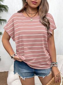 SHEIN VCAY Plus Size Holiday Rainbow Striped Short Sleeve Crew Neck T-Shirt - Pink - View 1