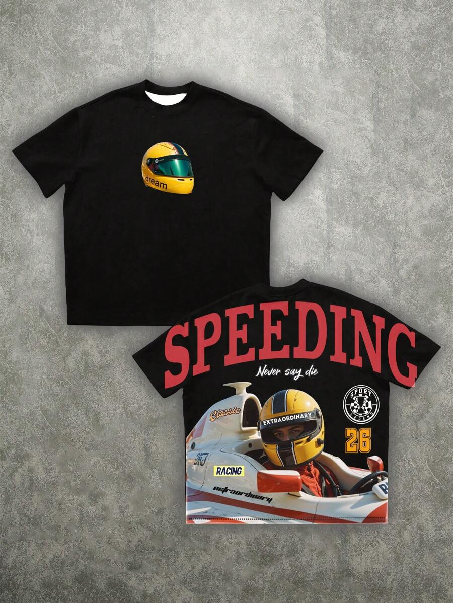 Manfinity Roghcode Men's Casual Loose T-Shirt With Large Racing Car Print - Black - View 1