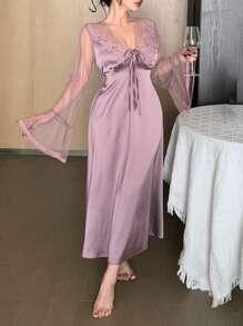 DAZY Váy ngủ ren viền lưới và satin lãng mạn dành cho nữ, đồ ngủ xuân/hè, thu, đông - Màu tím - Xem 3