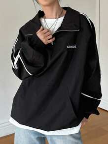 Dazy-Less Letter Embroidery Detail Contrast Piping Raglan Sleeve Half Zip Sweatshirt - Black - View 1