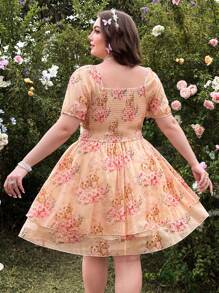 Flirla 大码女式甜美粉色可爱双褶边下摆连衣裙春季