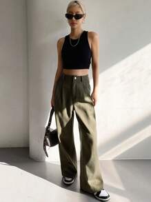 DAZY Women Loose Wide Leg Pants With Pockets, Solid Color - Army Green - View 4