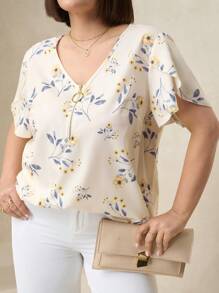 Chikora 加大码宽松V领短袖衬衫，适合夏季女士夏季衬衫夏季上衣女士工作衬衫夏季服装 - 彩色 - 查看 4