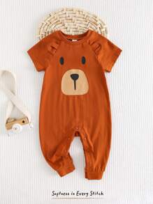 Cozy Pixies Baby Boy 3D Ears Cartoon Bear Pattern Knitted Soft Crewneck Short Sleeve Jumpsuit