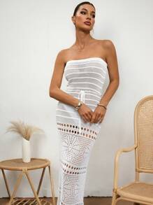 SHEIN Swim 女士优雅度假风格派对抹胸系腰白色针织罩衫连衣裙，夏季海滩度假 - 白色 - 查看 4