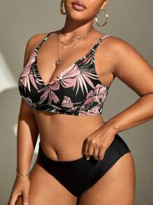 Swim Lushoire 1 件大码女式随机印花吊带背心单独时尚休闲海滩度假泳装上衣 - 藕粉色 - 查看 4