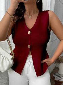 Calvaya Plus Size Elegant Casual White Cardigan Sweater, Featuring A Simple And Pure White Design, Suitable For Spring/Summer Wear. Adorned With Two Large Buttons, The Details Add A Fashionable Touch To The Overall Style. Appropriate For Graduation, Festival, Mother's Day, Halloween, New Year, Valentine's Day, Thanksgiving, Christmas, Easter, National Day, Prom, New Year's Eve - Burgundy - View 4