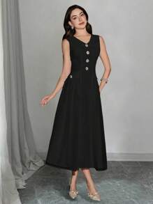 Modelyn 1 Pc Women's Sleeveless V-Neck Solid Color Slim Fit Dress, Minimalist & Fashion - Black - View 7