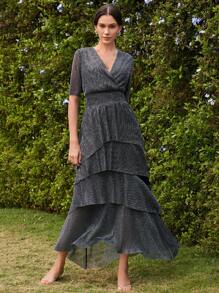 Anewsta Đầm Maxi Cổ Chữ V Tay Lửng Xếp Ly Eo Peplum Viền Xếp Ly Cổ Chữ V Thanh Lịch Thời Trang, Lễ Hội, Đi Chơi, Trang Phục Kỳ Nghỉ Cho Phụ Nữ, Trang Phục Mùa Xuân Giản Dị - Bạc - Xem 3