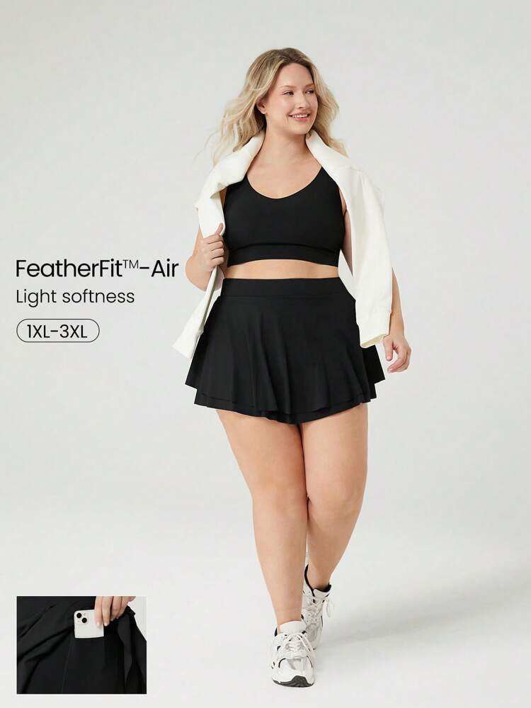 FeatherFit™-Air Große Größen Schicht-Look rutschfester Oberschenkel-freundlicher Kurzrock mit Volants und eingebauten Shorts mit Seitentaschen für Yoga und Alltag