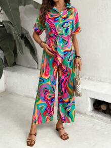 SHEIN Comfortable Maternity Jumpsuit With Printed Collar And Drawstring - Multicolor - View 4