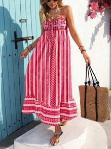 Breezaya 女式撞色钩编夏季度假休闲细肩带流苏细节海滩中长连衣裙 - 粉色 - 查看 3