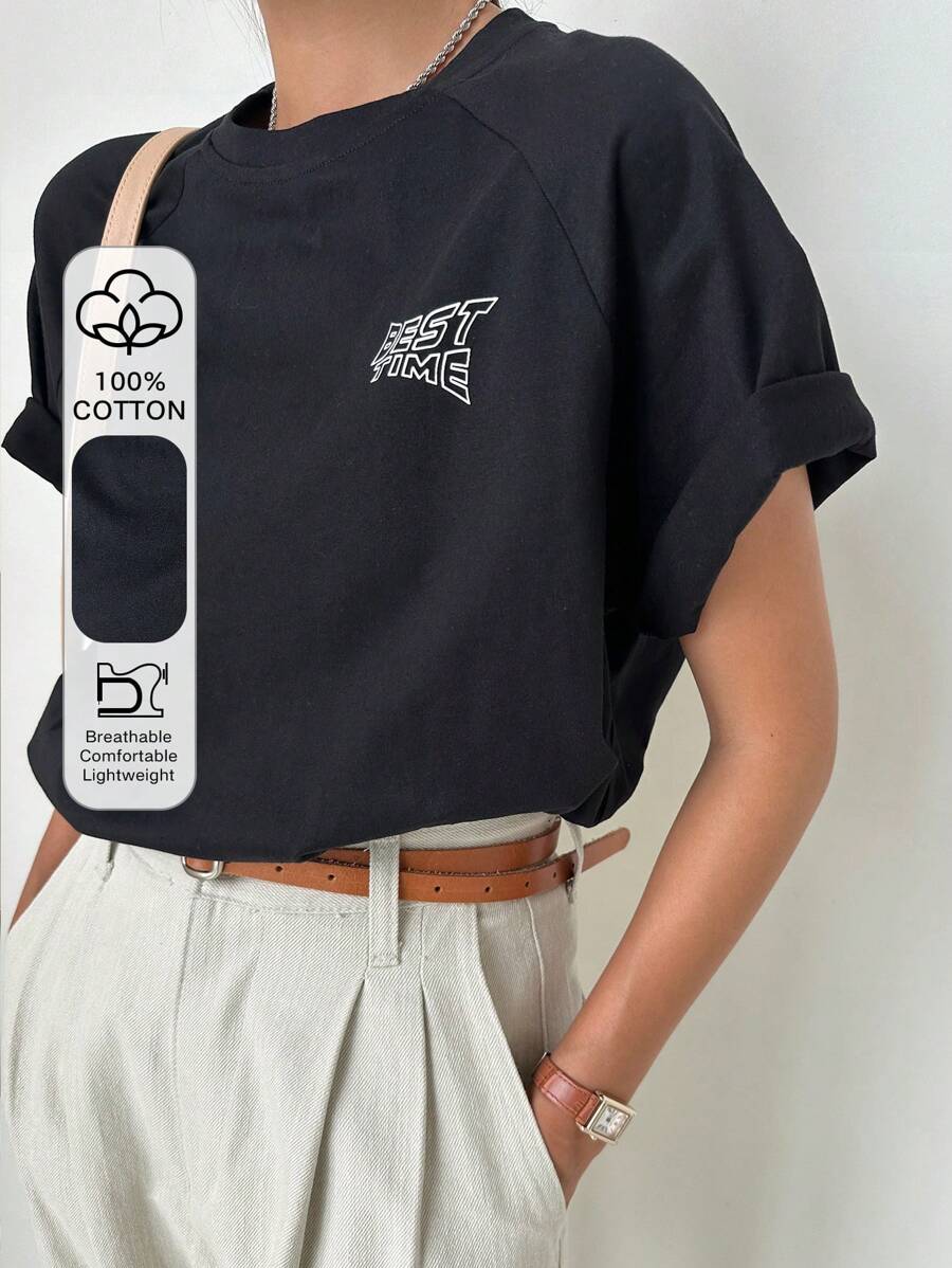 DAZY Letter Graphic Raglan Sleeve Tee - Black - View 1