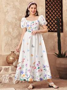 SHEIN Robe de vacances à encolure carrée, manches bouffantes et fleurs blanches pour adolescentes, convient pour les vacances, les festivals, les brunchs et les festivals de musique