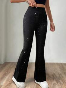 SHEIN LUNE Pantalon évasé avec ceinture à paillettes pour femme - Noir - Voir 6