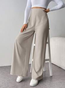 SHEIN Tall CURVE 大码女式简约休闲时尚高腰纹理阔腿裤，适合通勤