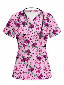 PopScrub Women's Floral Print Bowknot , Heart, Moon Healthcare Scrub Uniform Tops