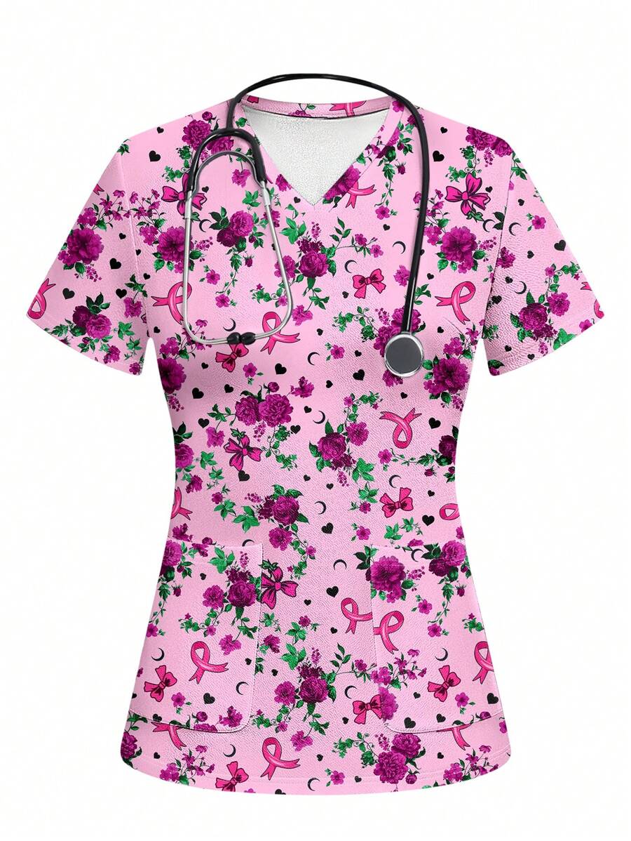 PopScrub Women's Floral Print Bowknot , Heart, Moon Healthcare Scrub Uniform Tops