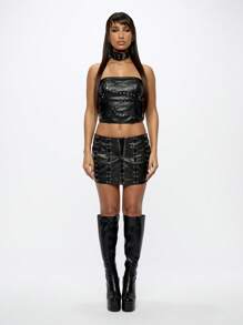 SUMWON WOMEN Studded Faux Leather Bandeau Crop Top Festival Club Party Strapless Bustier Evening Wear Corset Style Clubwear