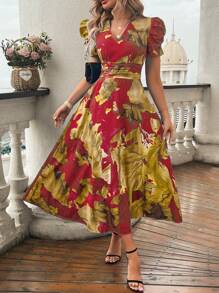 EMERY ROSE 女士夏季 V 领热带植物印花短款泡泡袖长裙女装 - 酒紅色 - 查看 4