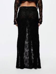 SUMWON WOMEN Elegant Lace Double Front Slit Evening Maxi Skirt Party Wedding Formal Occasion Long Split Skirt Holiday Resort Festive Season Designer Style - Black - View 2