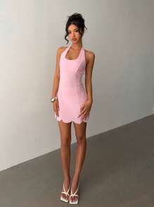 Aloruh 女士纯色蝴蝶结装饰露背吊带粉色迷你连衣裙婚礼宾客礼服女士新娘送礼会礼服白色优雅朴素结婚周年伴娘派对约会性感露背