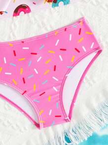 3 件装女婴可爱甜甜圈印花蝴蝶结比基尼套装（带头带）、泳衣