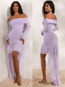 Opulessa Rochie de culoare solidă din plasă din plasă, cu fanta, cu tivul asimetric, pentru femei - Violet - Vizualizare 1