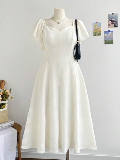 Dreamara Plus Size Women Keyhole Neckline Ruffle Sleeves Backless Bowknot Mid-Long Dress For Spring, Romantic,Graduation Dress