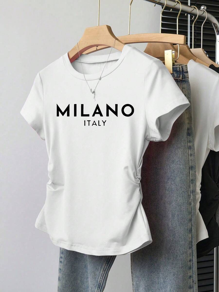 Girls Casual Letter Print Ruffle Waist T-Shirt - White - View 1