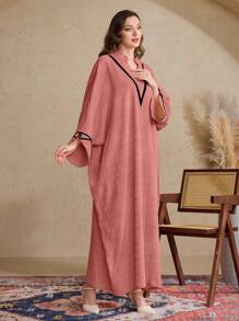 Al Najma Women's Traditional Turkish & Arabic Style Cut-Out Collar Batwing Sleeve Long Tunic Dress Modest, Kaftan - Red - View 5