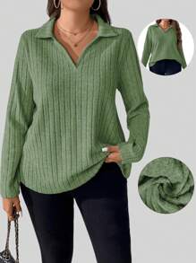 SHEIN LUNE Plus Size Women Solid Color Polo Collar Long Sleeve Ribbed Casual T-Shirt