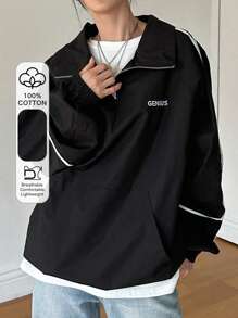 Dazy-Less Letter Embroidery Detail Contrast Piping Raglan Sleeve Half Zip Sweatshirt - Black - View 7