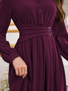 Modelyn Simple Button Front Belted Collar Long Sleeve Modest Dress Long Evening Dresses Fall Cloth For Women - Purple - View 4