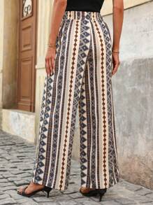 SHEIN Clasi Vakantie-outfits voor dames, zomerse elegante damesprint in boho-stijl met geometrische print, elastische tailleband, verstelbare vetersluiting, rechte pijpen en wijde pijpen, geschikt om te dragen bij verschillende gelegenheden